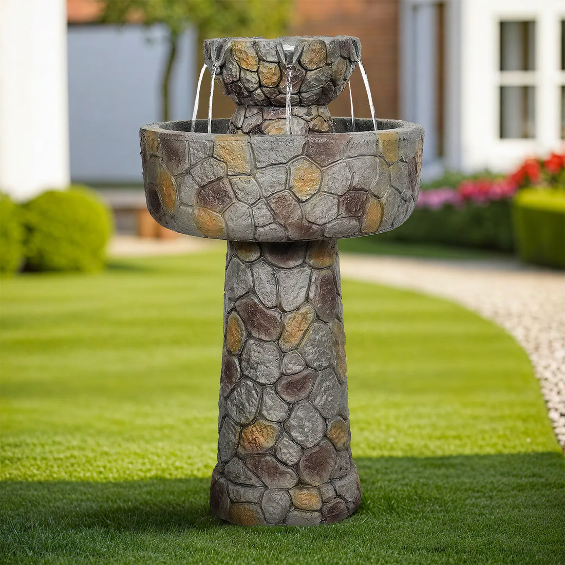 Classical 25.7-inch concrete bird bath fountain with faux stone finish in a manicured lawn setting.