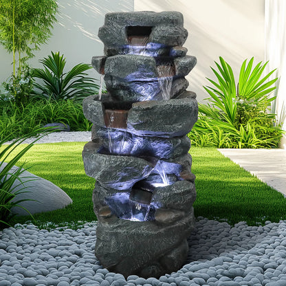 Classical 40.5-inch 5-tier stacked stone water fountain in a modern garden patio setting.