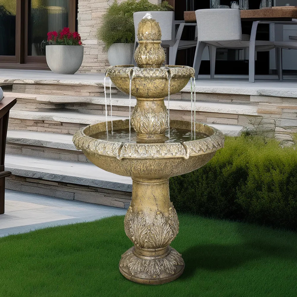 Classical 47.2-inch 2-tier Italian standing fountain with a lotus top in a manicured garden setting.