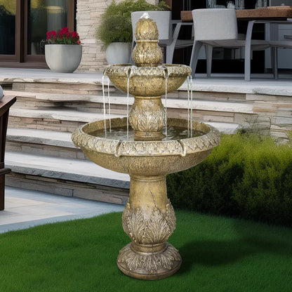 Classical 47.2-inch 2-tier Italian standing fountain with a lotus top in a manicured garden setting.