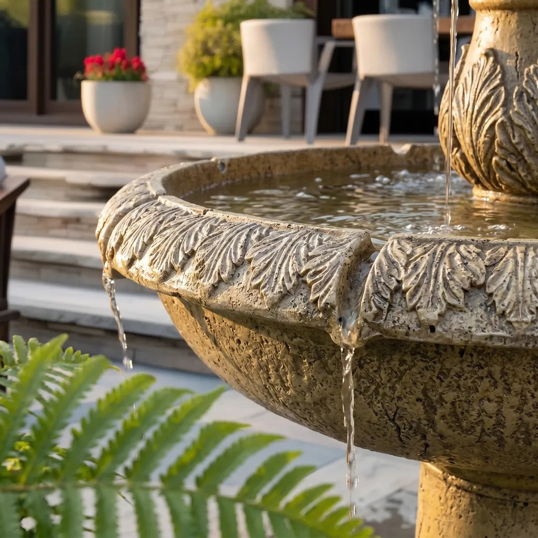 Close-up of Polystone water fountain surface showing natural limestone texture and water flow