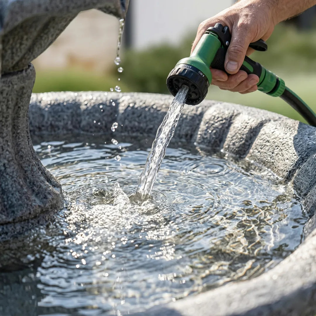 Close-up of a garden hose filling a self-contained stone fountain basin with clear water.