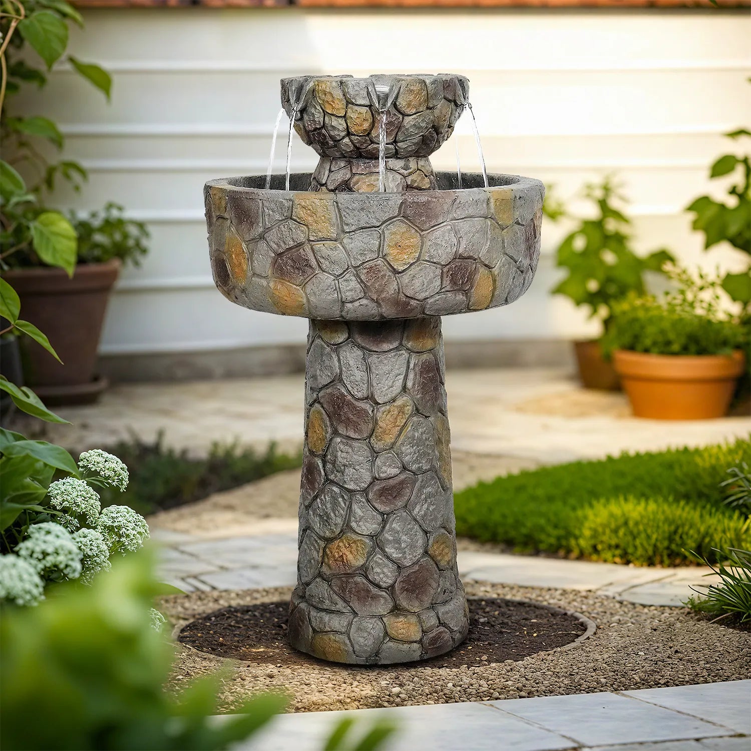 Close-up of the bubbling water feature in the 15.3-inch diameter faux stone bird bath bowl.