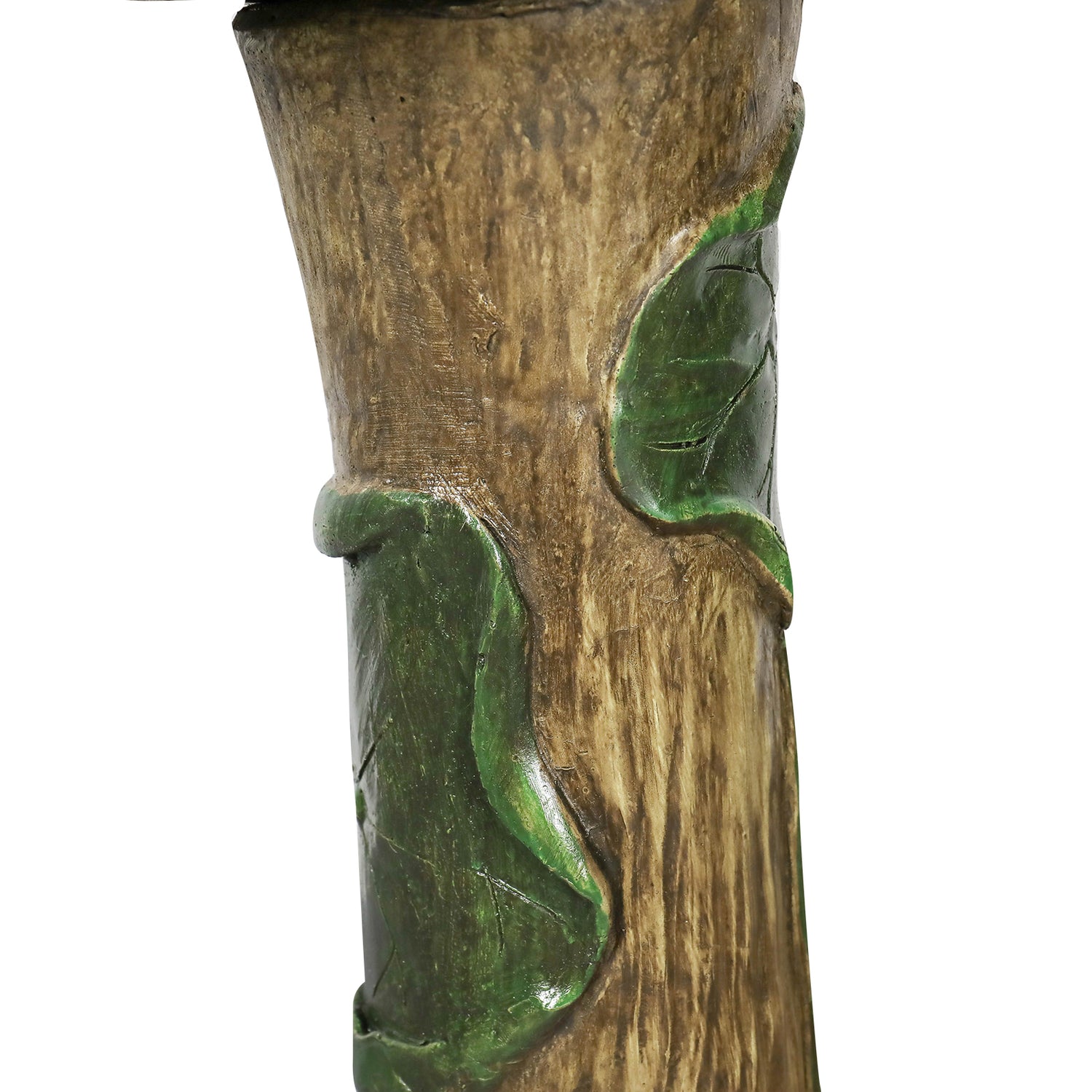 Close-up of the durable concrete pedestal designed to look like a natural forest tree trunk.