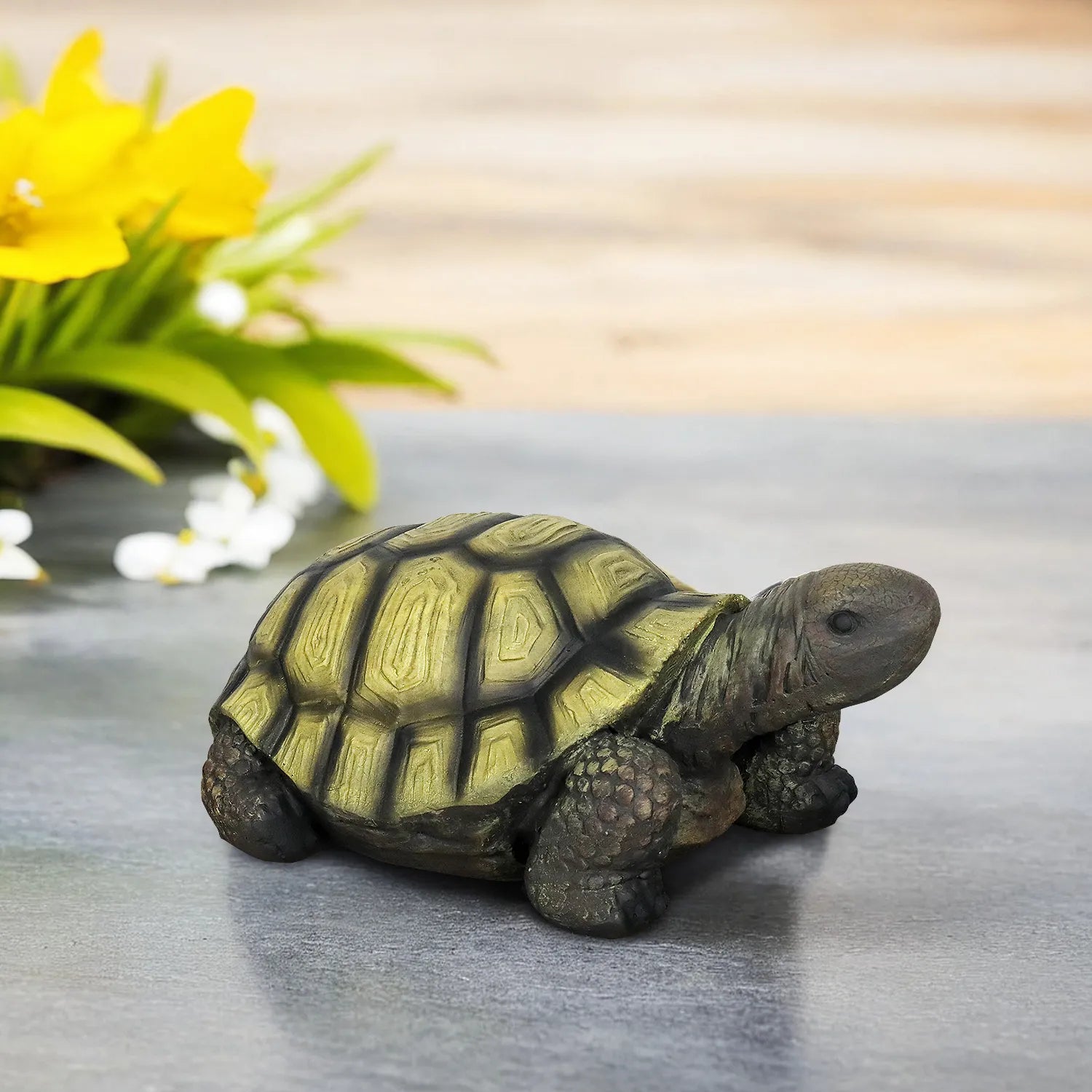 Close-up of the hand-painted shell detail on the seated tortoise garden sculpture.