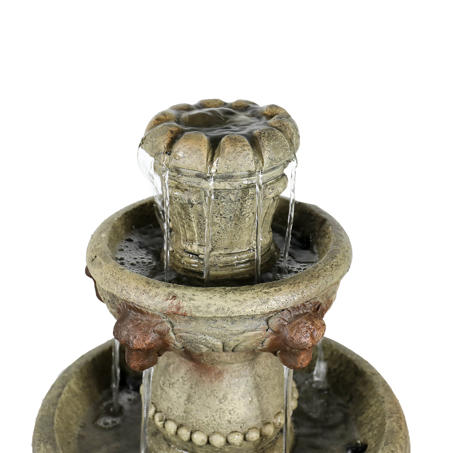 Close-up of the ornate top tier and finial of the classic 52"H outdoor tiered water feature.