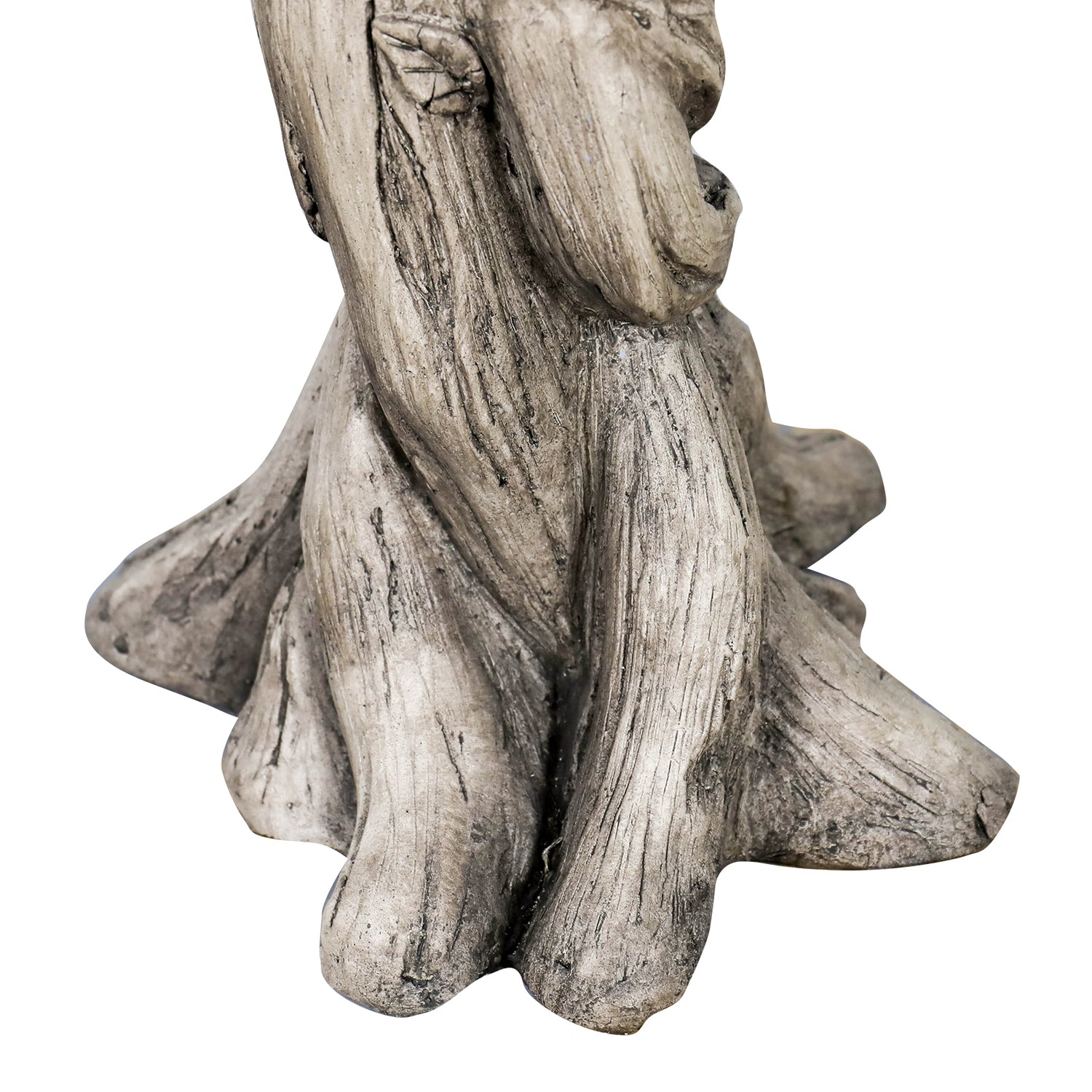 Close-up of the sturdy tree-root style base of the classical goddess concrete pedestal.