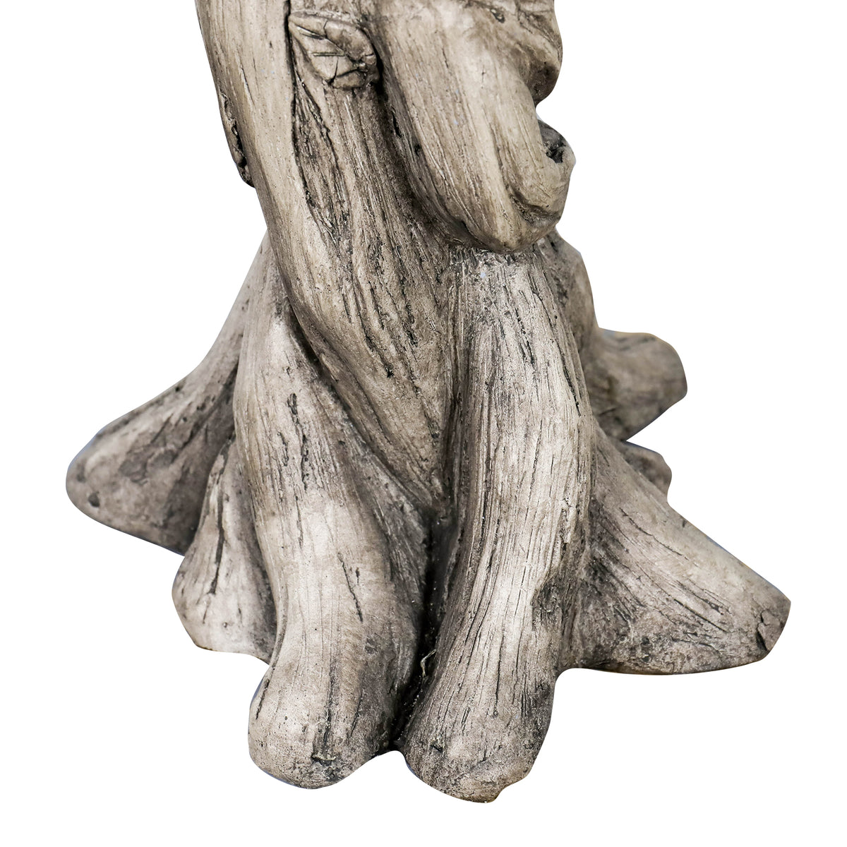 Close-up of the sturdy tree-root style base of the classical goddess concrete pedestal.