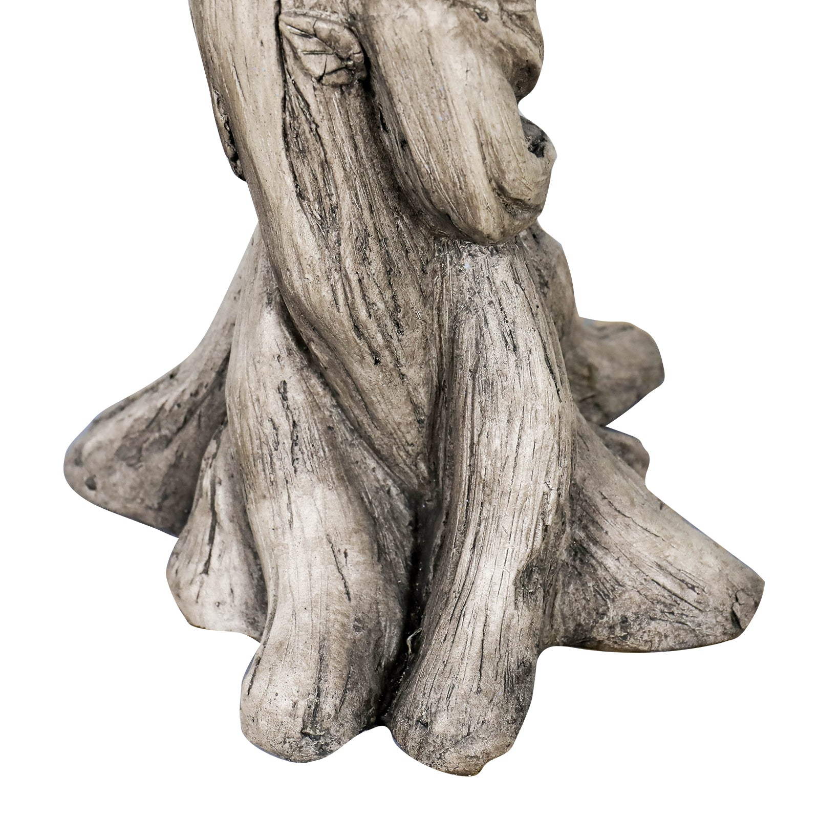 Close-up of the sturdy tree-root style base of the classical goddess concrete pedestal.