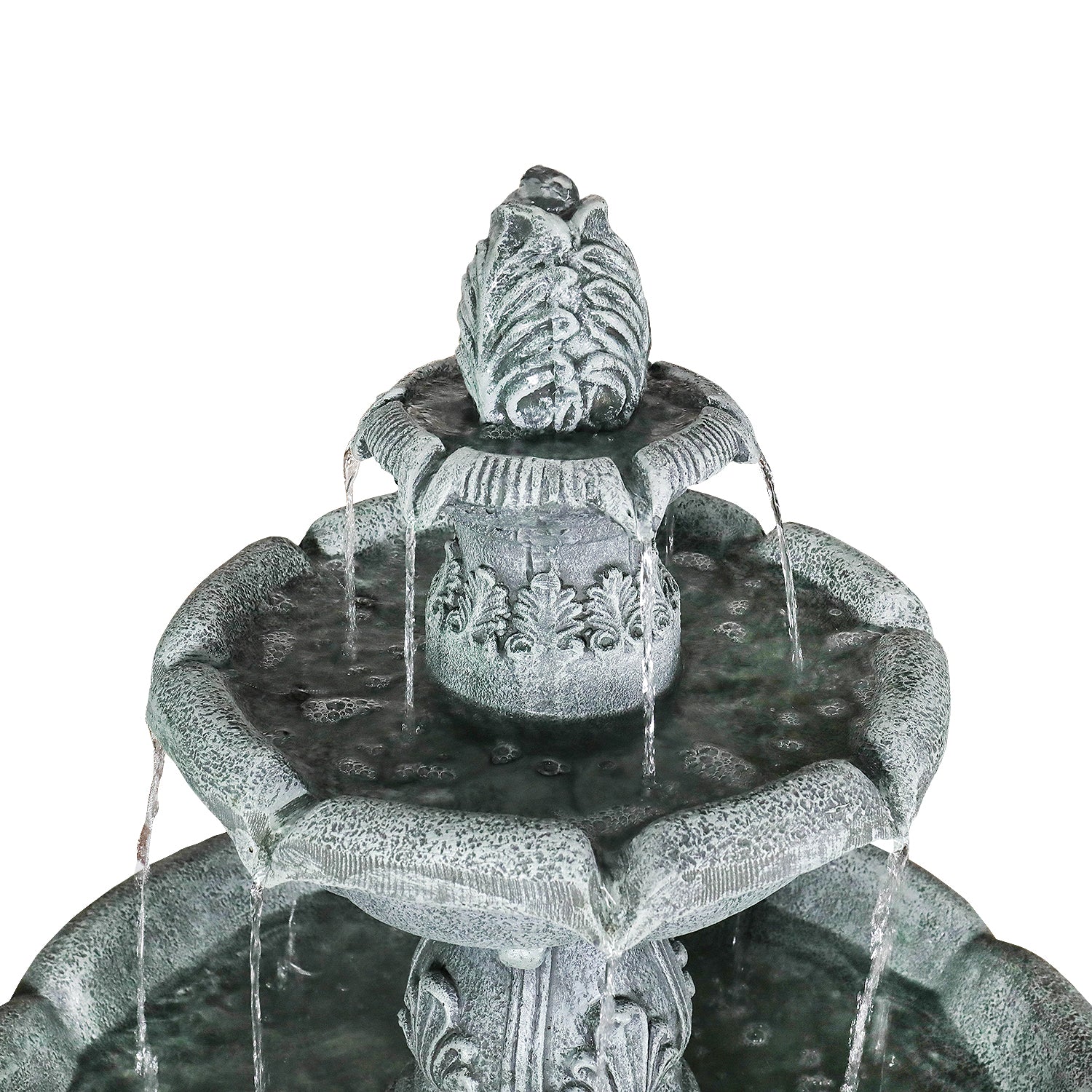 Close-up of the top finial and soothing water flow on the elegant classic outdoor fountain.