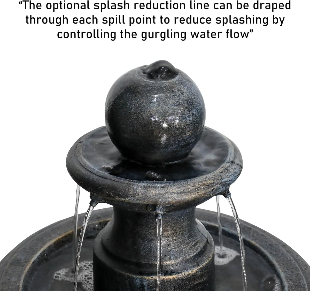Concrete Antique Black 3 Tier Outdoor Water Fountain close up of water flow