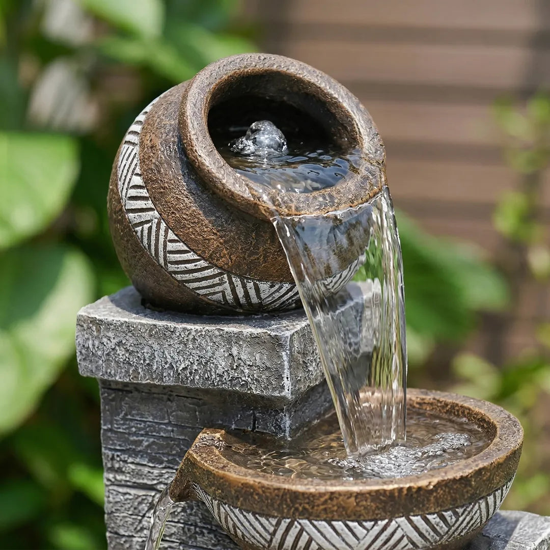 Close-up of water bubbling and flowing smoothly down the curved side of a glazed urn fountain.