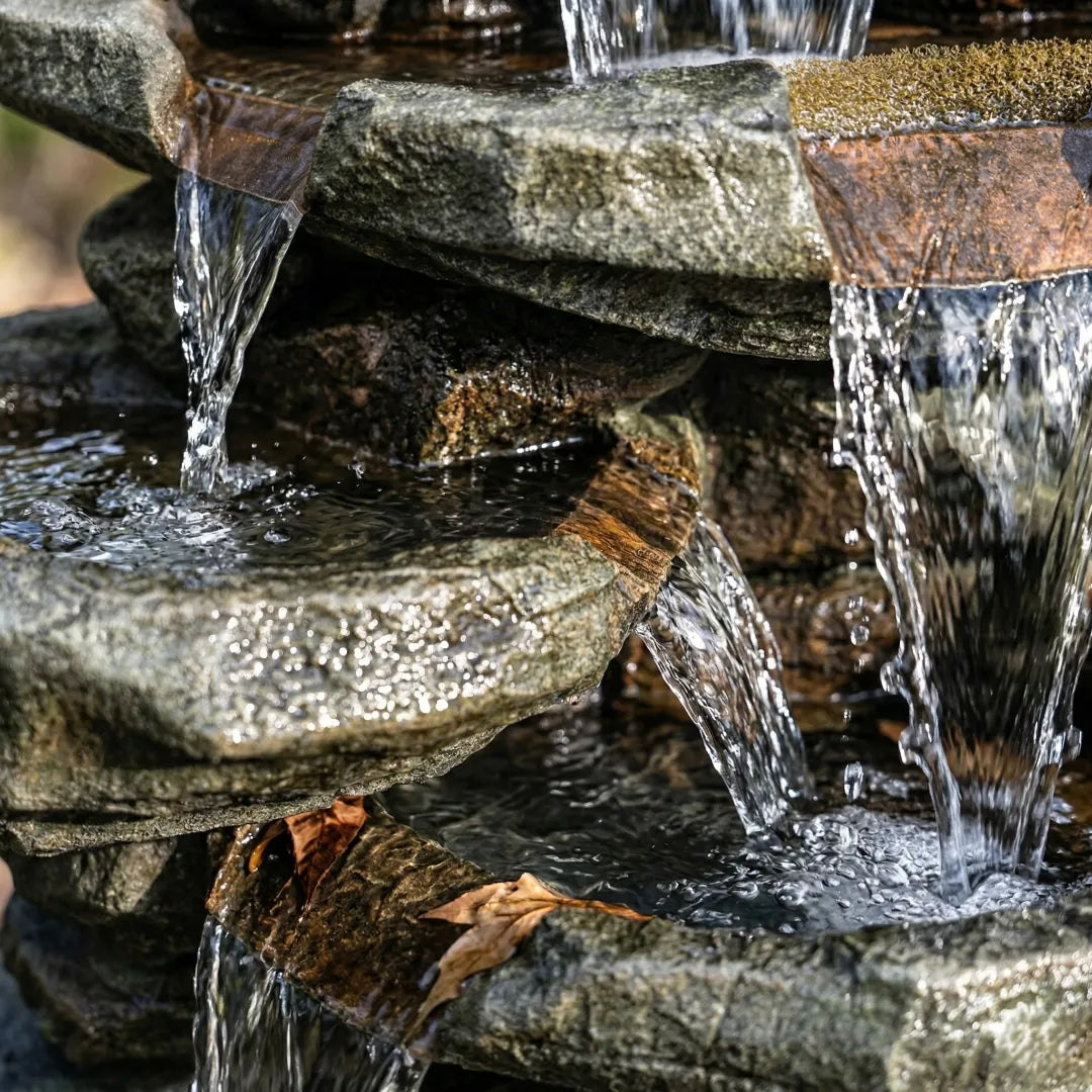 Close-up of water cascading over realistic, rugged wet faux stone textures.