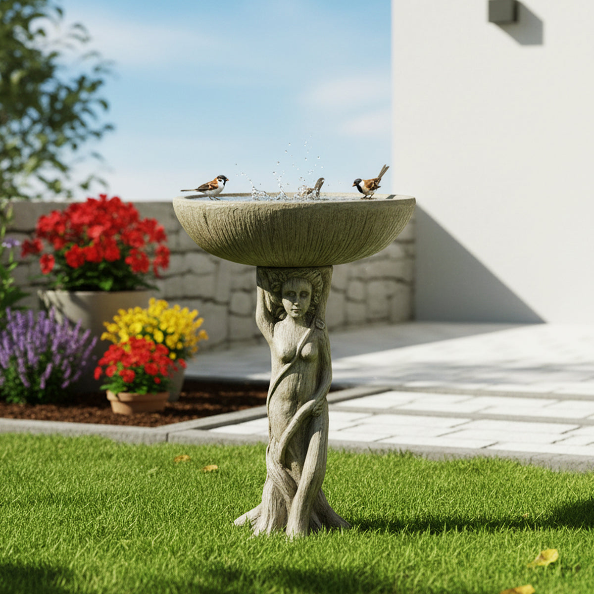 Colorful wild birds flocking to the classical goddess figurine bird bath in a beautiful sunny garden.
