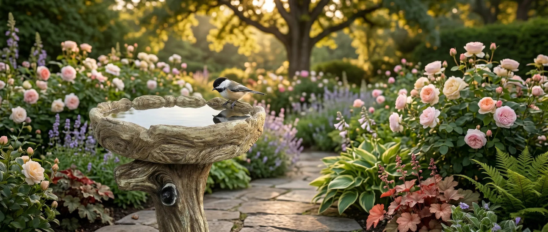 Concrete stone bird bath surrounded by garden flowers in a backyard