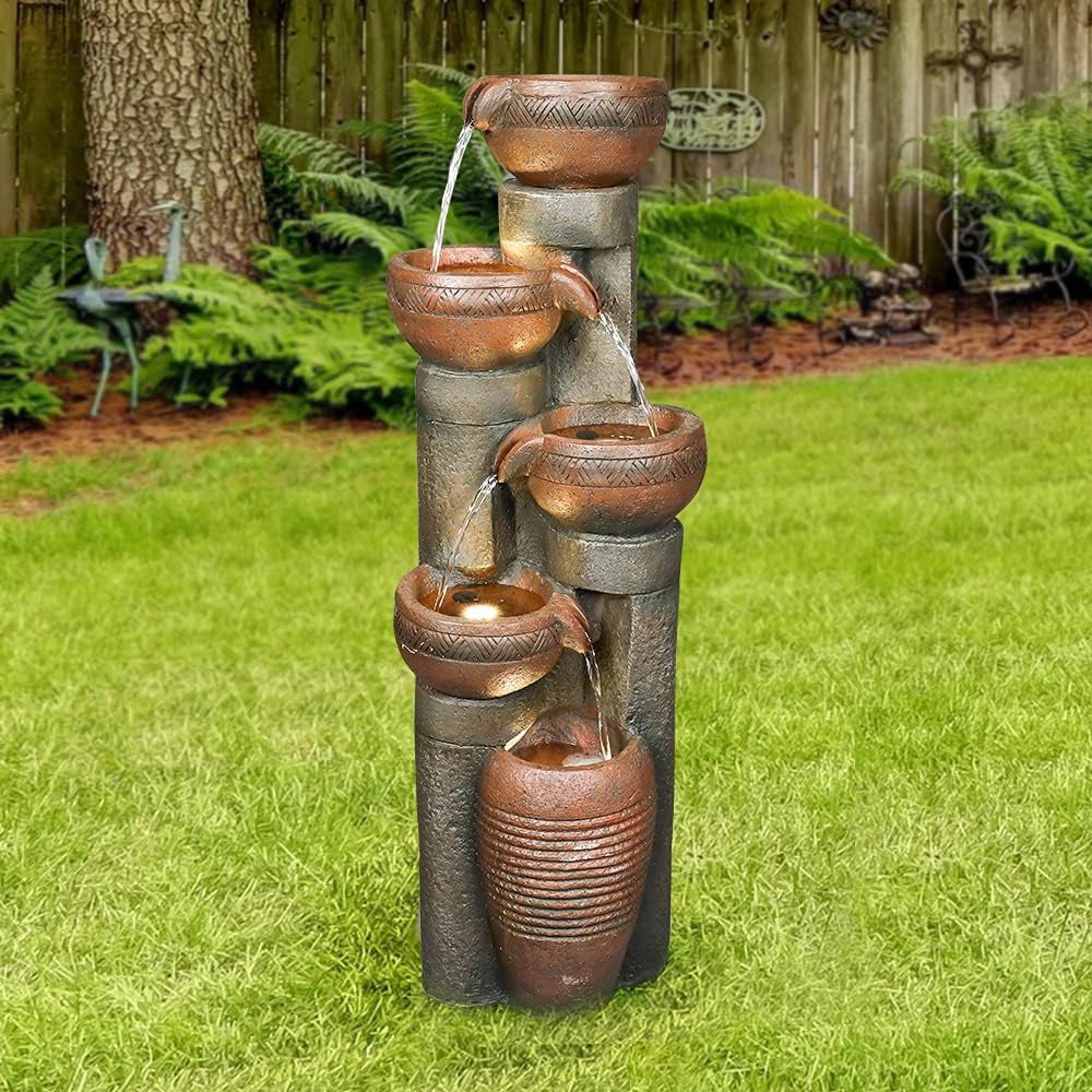 Resin Copper Bowl Cascading Column Fountain 39 Inch on patio