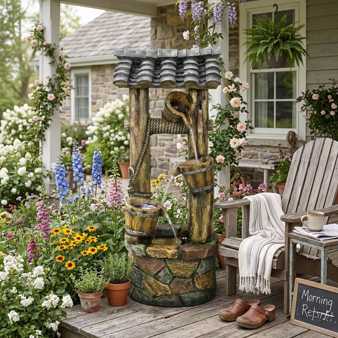 Cozy rustic fountain placed next to a welcoming front porch with a morning coffee setup.