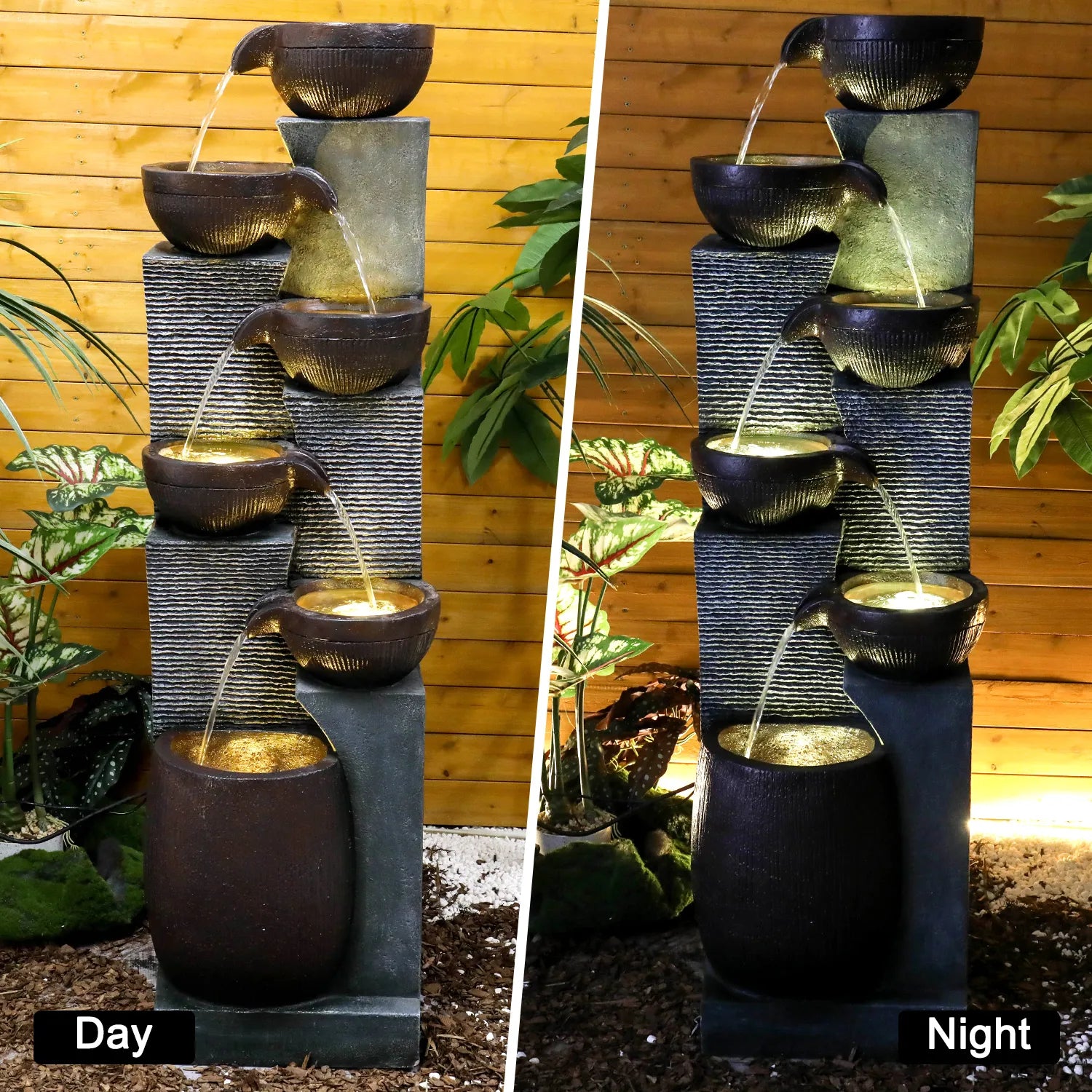 Day and night comparison of the 6-tier cascading fountain showing built-in warm LED illumination.