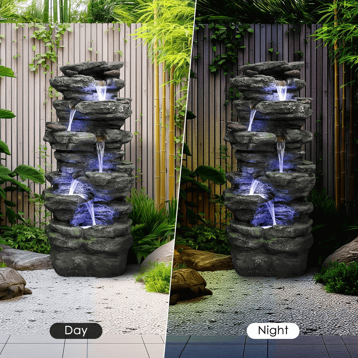 Day and night contrast of the outdoor fountain with lights showing magical evening glow