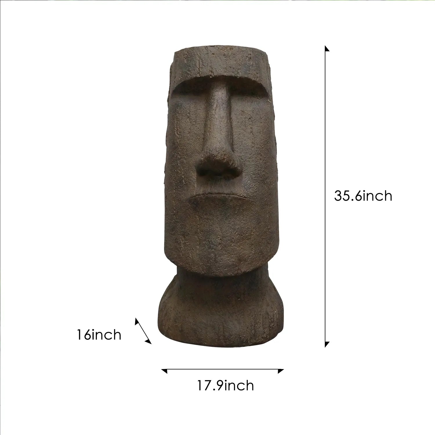 Detailed dimension guide for the Moai statue: 35.6" Height, 17" Width, and 15" Depth.
