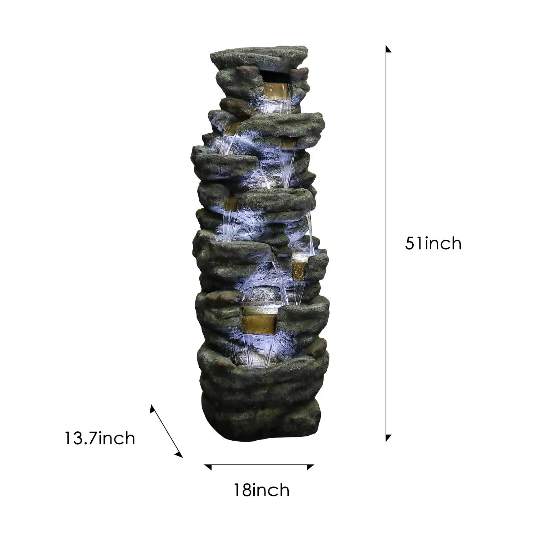 Detailed dimensions and size chart for the 51"H multi-tier natural stone water feature