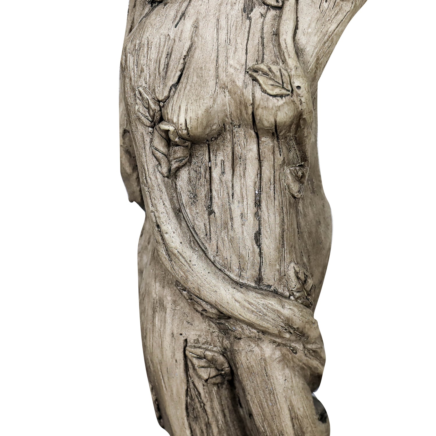 Detailed macro shot of the elegantly sculpted torso and drapery of the classical goddess figurine.