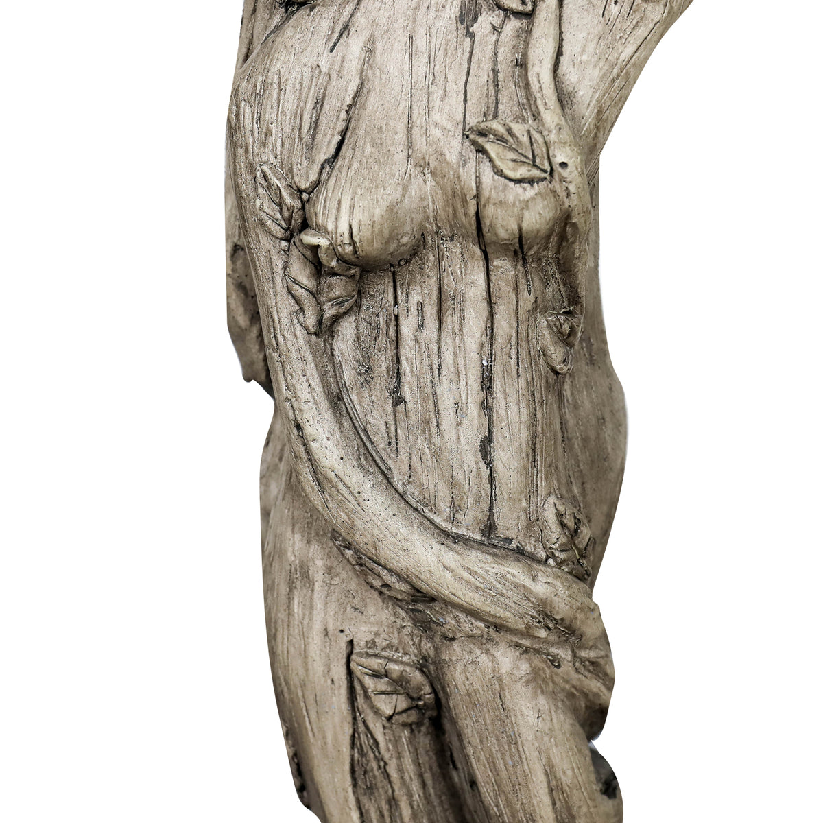 Detailed macro shot of the elegantly sculpted torso and drapery of the classical goddess figurine.