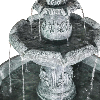 Detailed view of the intricate ornate craftsmanship on the tiers of the classic garden fountain.