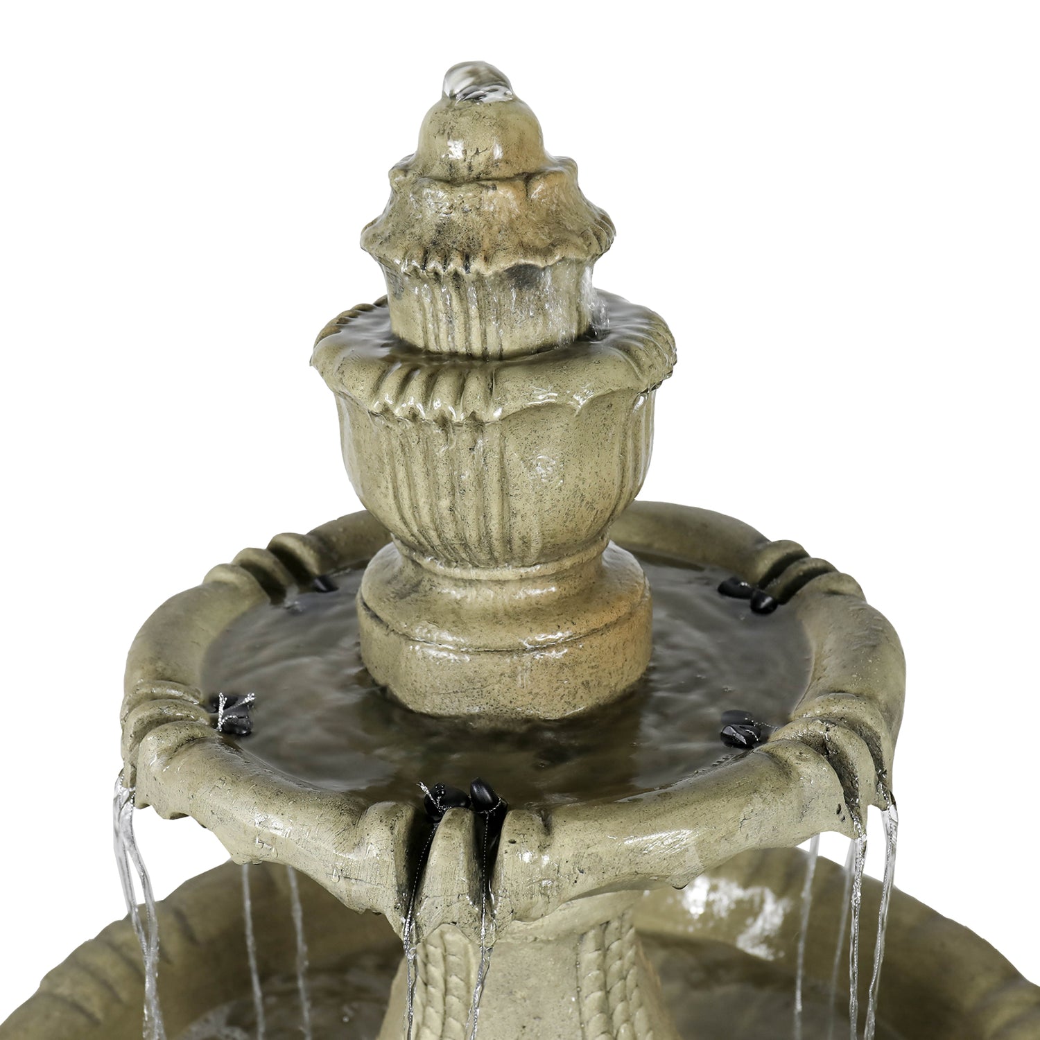 Detailed view of the top finial and initial water fall of the classic 48" tall fountain.
