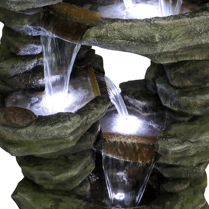 Detailed view of water elegantly cascading down the realistic poly-resin stone tiers.