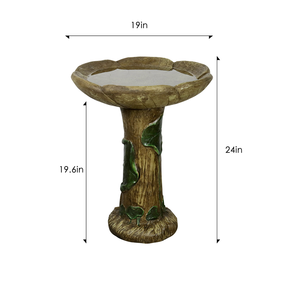 Dimension chart for the 17.7x23.6" garden bird bath featuring a 12.485kg gross weight.