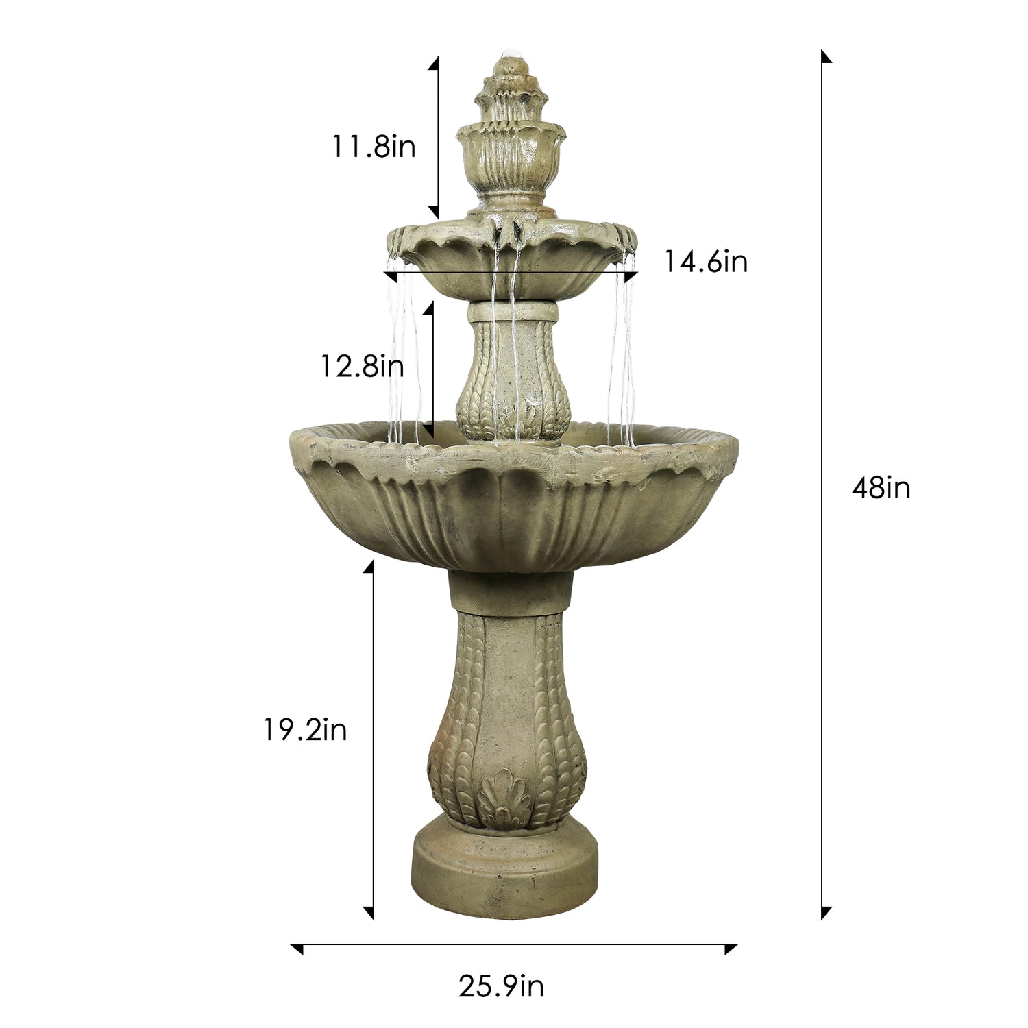 Dimension chart for the 48-inch tall 3-tier garden fountain featuring a sturdy 35.185kg weight.