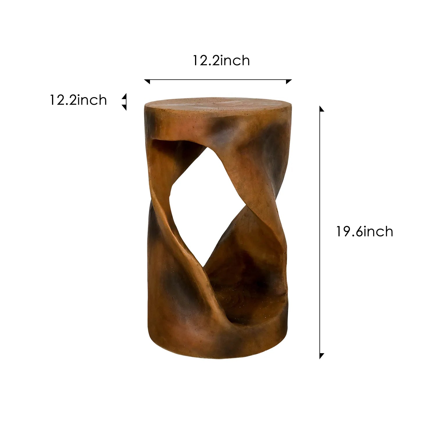 Dimension chart for the modern spiral table: 19.6" Height, 12.2" Width, and 12.2" Depth.