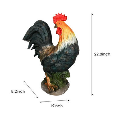 Dimension chart for the rooster statue showing 22.8" height, 19" width, and 8.2" depth.