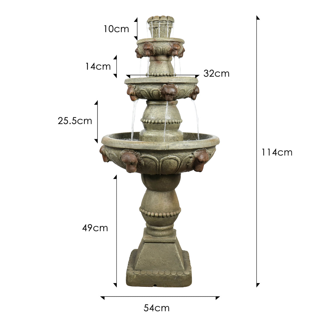 Concrete Lion Head Fountain 3 Tier Outdoor dimensions and size