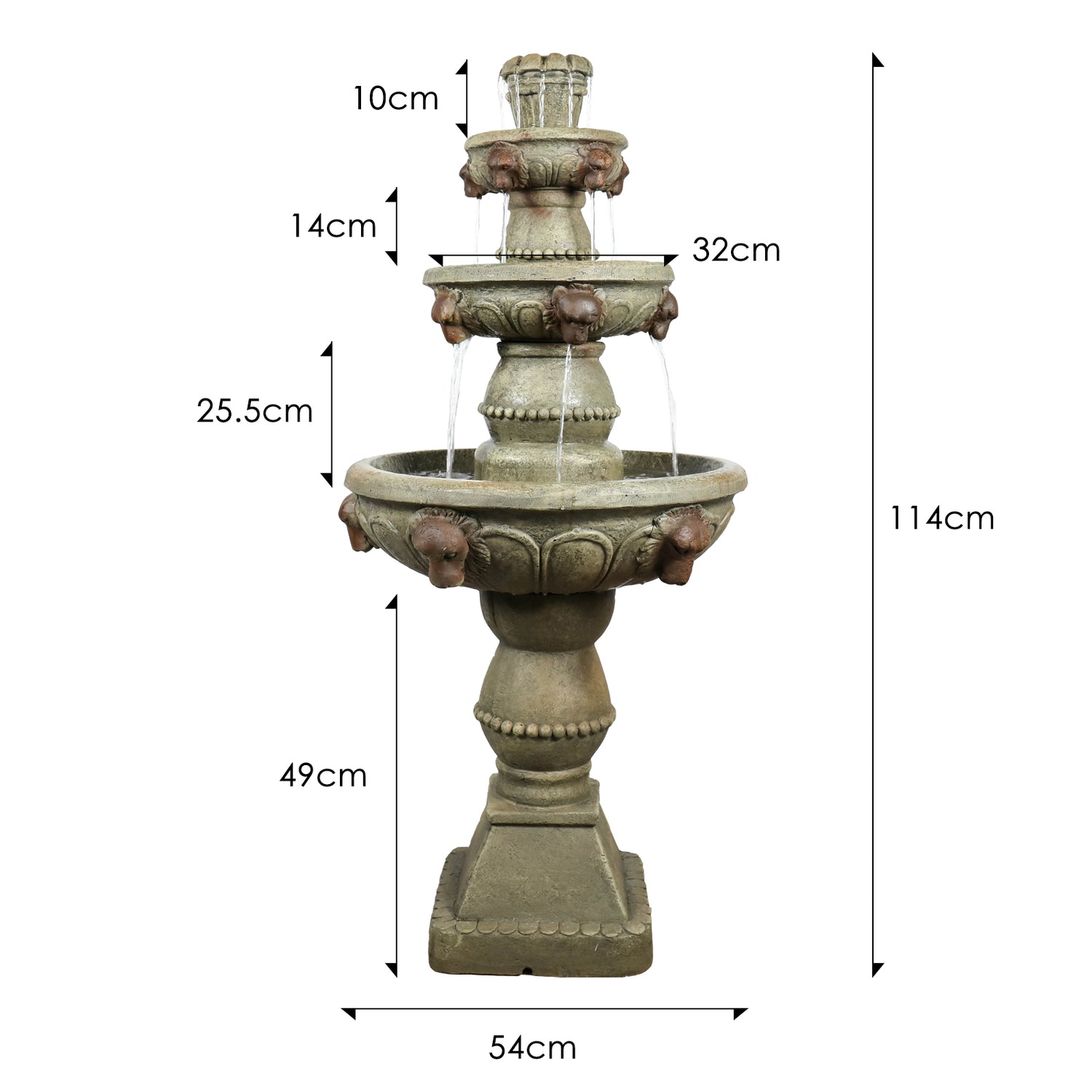 Dimension chart showing the 52" height and detailed tier sizes of the 30.191kg garden fountain.