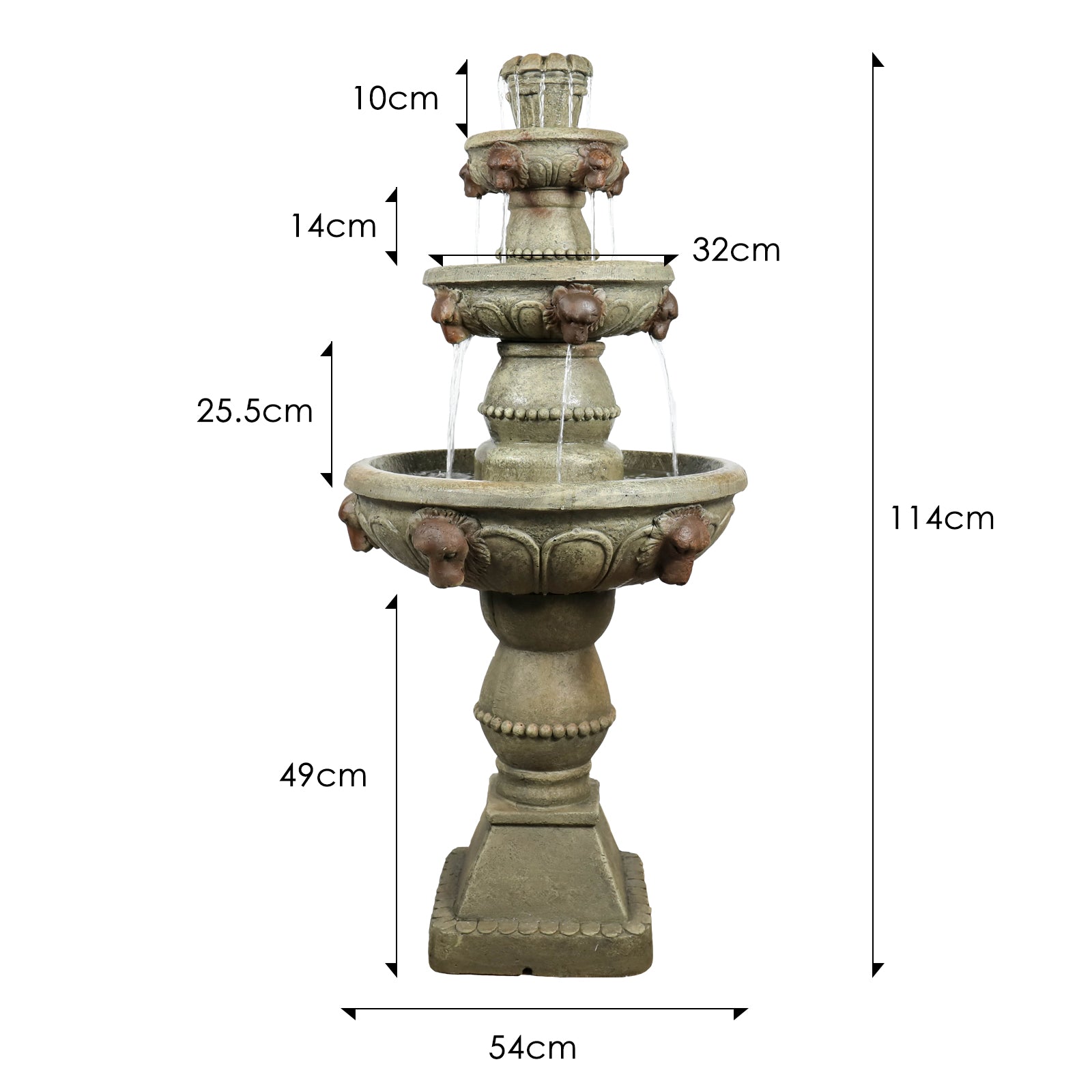 Dimension chart showing the 52" height and detailed tier sizes of the 30.191kg garden fountain.
