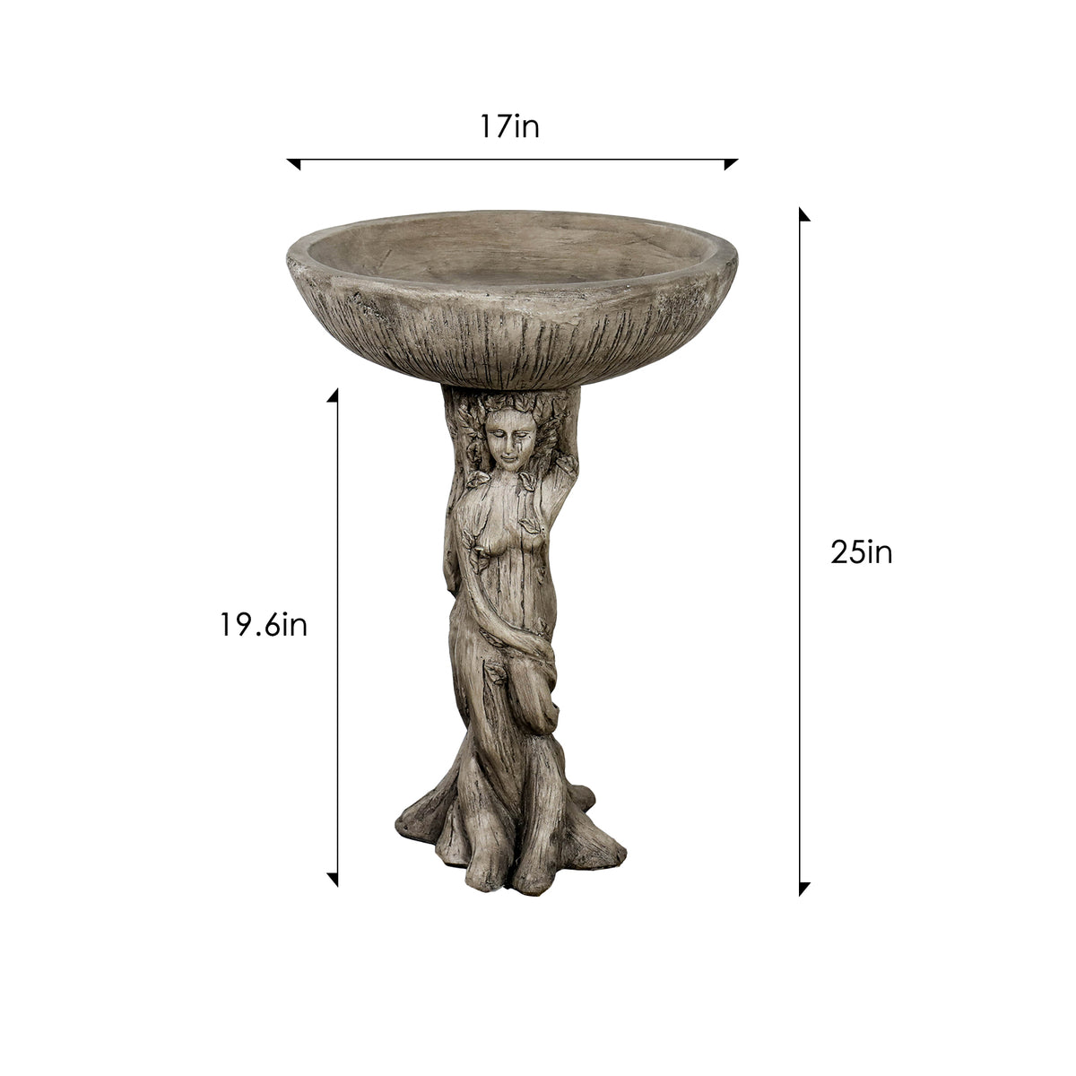 Dimension chart showing the width and height of the concrete goddess garden bird bath.