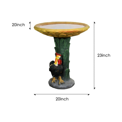Dimension graphic showing the sunflower concrete bird bath is 20 inches wide and 23 inches tall.