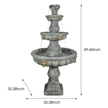Dimension guide for the 3-tier fountain showing 59.45" height and 32.28" diameter.