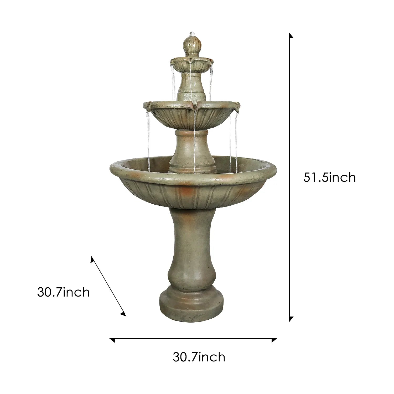 Dimension guide for the 3-tier round fountain showing 51.58" height and 30.7" diameter.