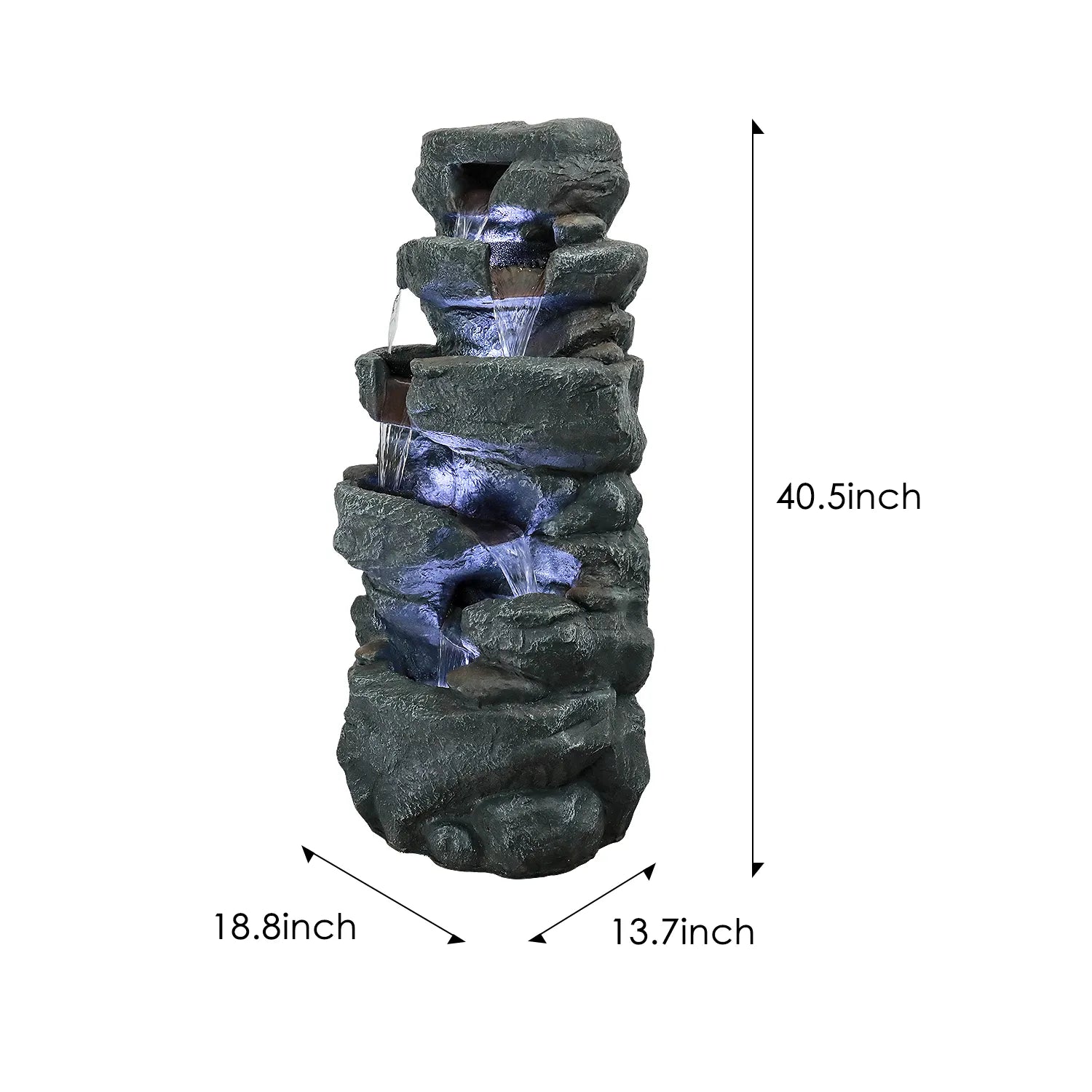 Dimension guide for the 5-tier fountain showing 40.5" height, 18.8" width, and 13.7" depth.