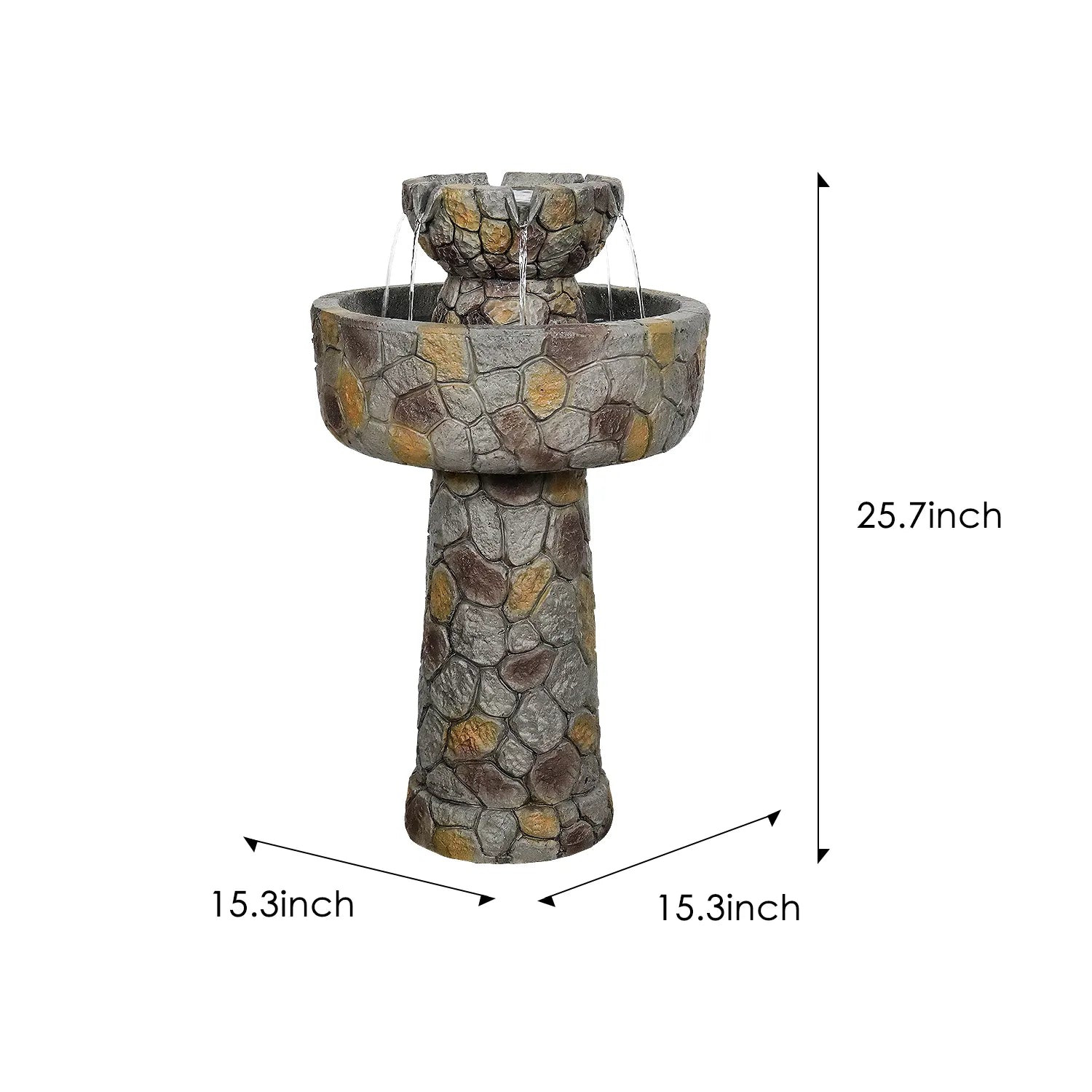 Dimension guide for the SunJet bird bath fountain showing 25.7" height and 15.3" bowl diameter.