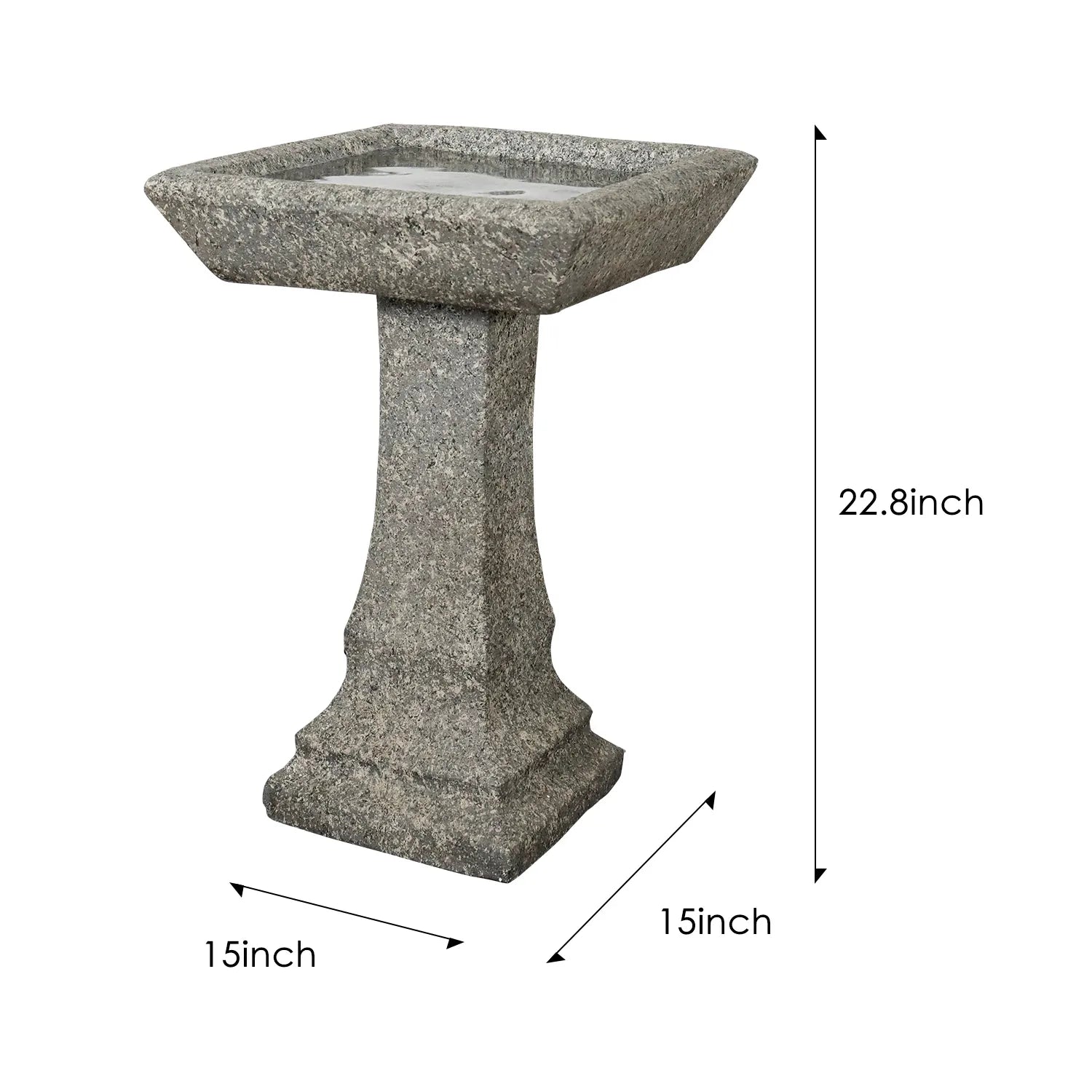 Dimension guide for the pedestal birdbath showing 22.8-inch height and 15-inch square bowl width.