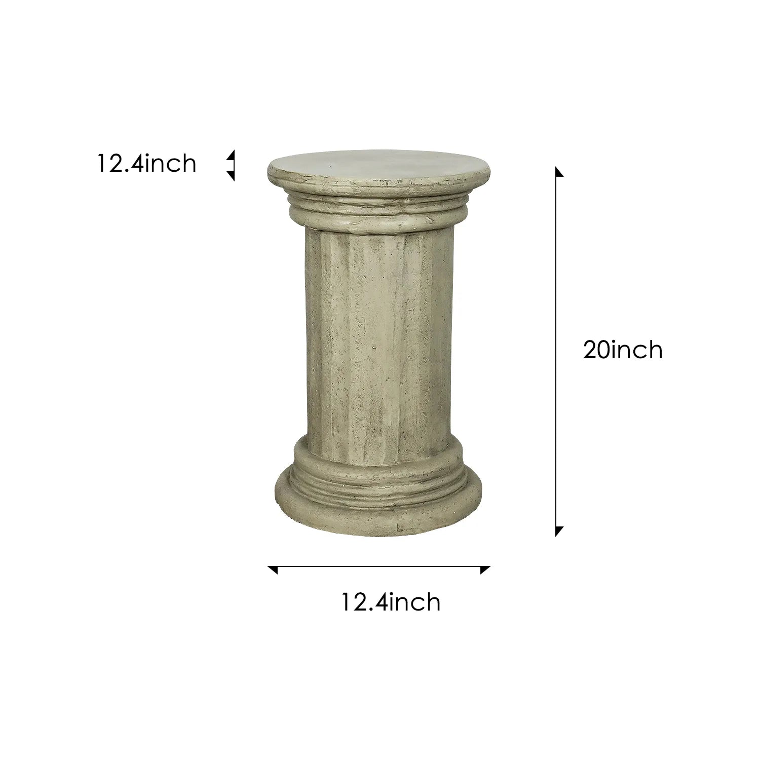 Dimension guide for the pedestal table: 20" Height and 12.4" Top/Base Diameter.