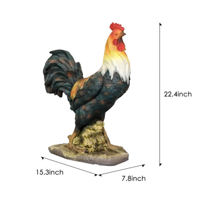 Dimension guide for the rooster statue showing 22.4" height, 15.3" depth, and 7.8" width.