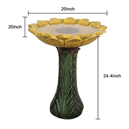 Dimension guide for the sunflower birdbath showing a 24.4-inch height and a 20-inch diameter basin.