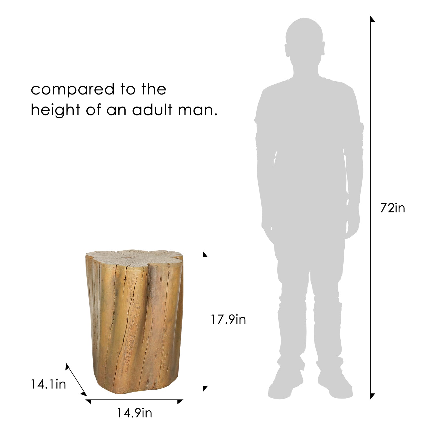 Dimensions Diagram 17.9 H x 14.9 L Inch Faux Oak Stump Table