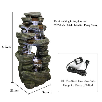 Dimensions and dual plug system features for the sturdy 46.5kg rock garden waterfall.