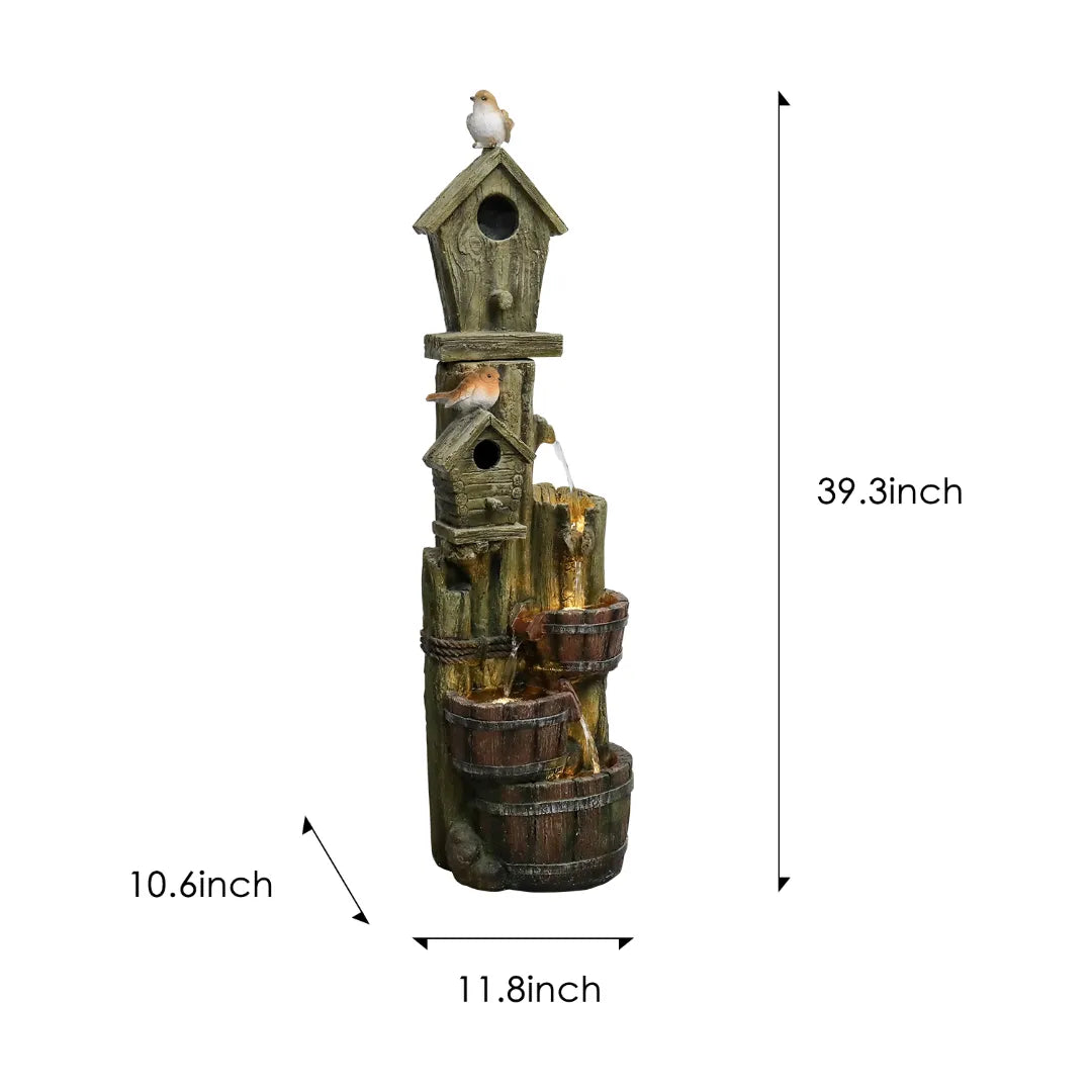 39.3" Rustic Birdhouse Fountain | Woodland LED Waterfall – Water ...